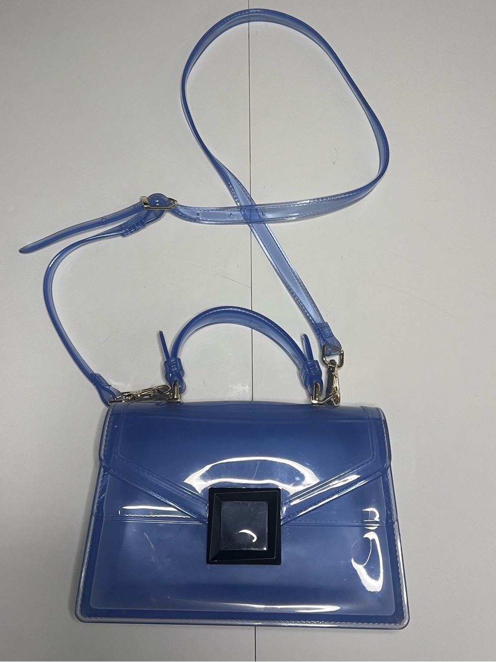 Glossy Blue Jelly Crossbody Satchel with Top Handle